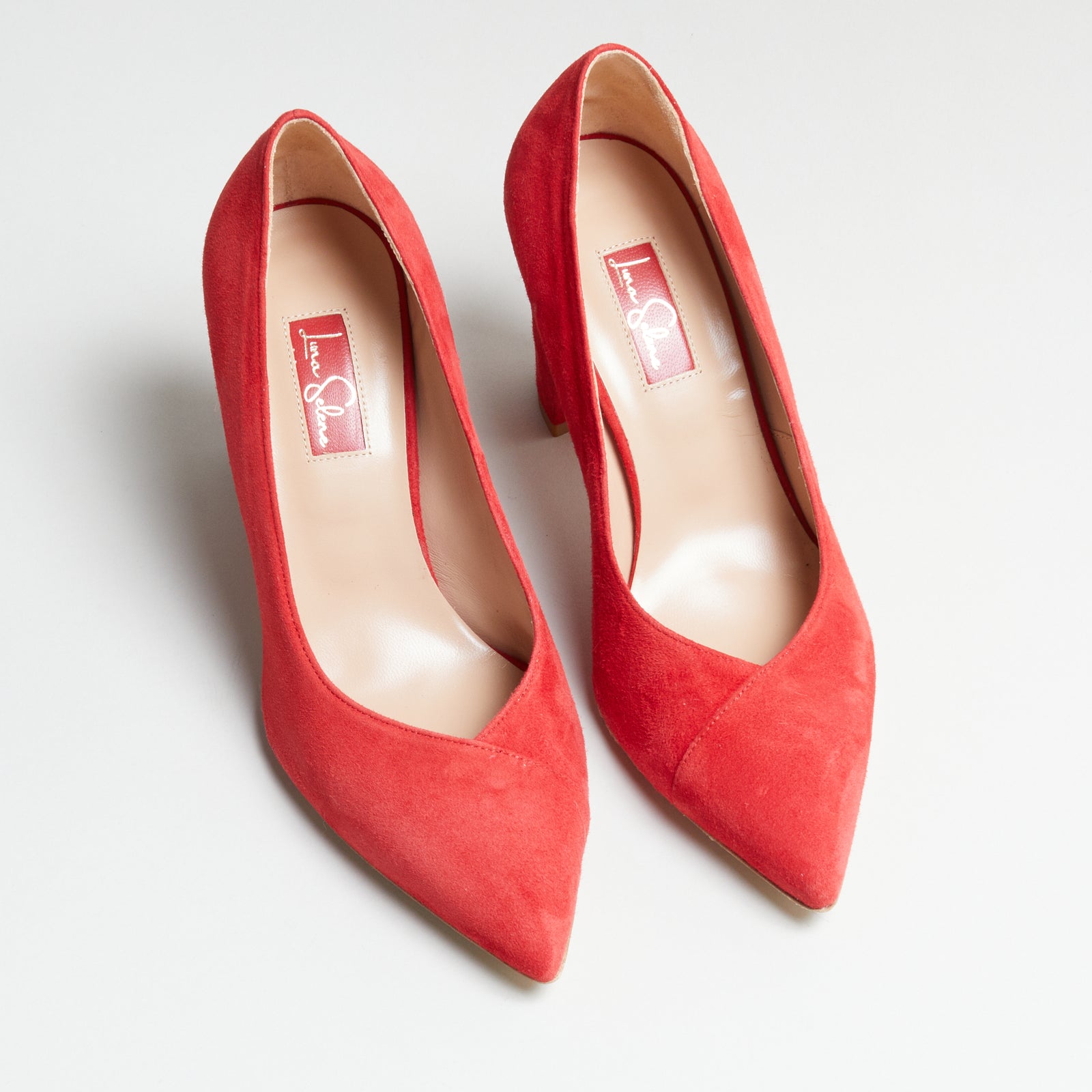 Red suede pumps low heel fashion