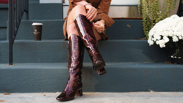 Tippy Caramel Coffee Croc Patent Leather Boot