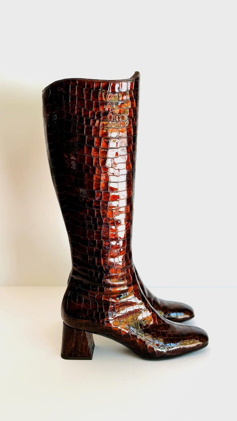 Tippy Caramel Coffee Croc Patent Leather Boot