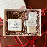 Luxury Spa gift set by Luna Selene featuring handcrafted soap, lavender, shower steamer, and footcare essentials in an elegant gift box. 