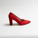 Red Luna Selene Pump with a block heel on a grey background 