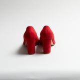 Red Luna Selene block heel pumps on a white background